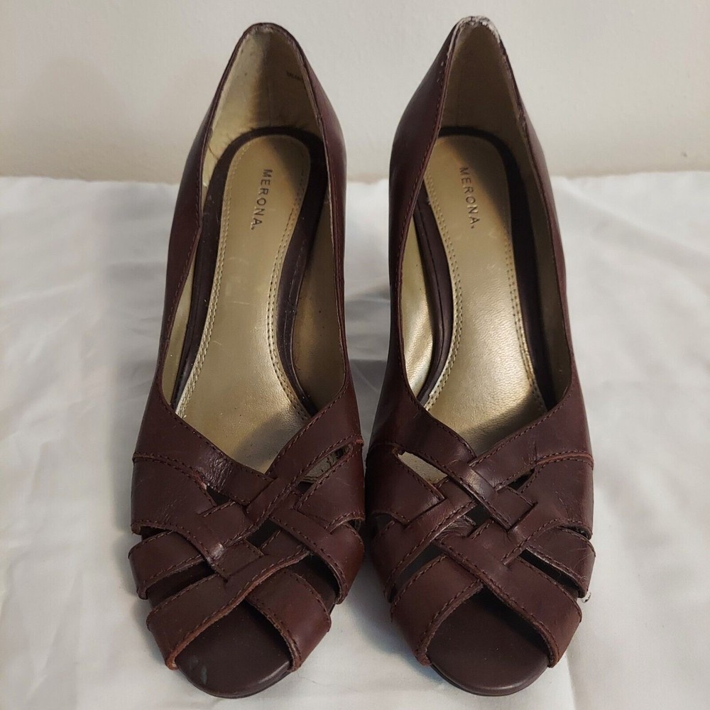 Merona Brown Woven Leather w Open Toe 3.5" Heel Shoes Size 9.5 Women's EUC